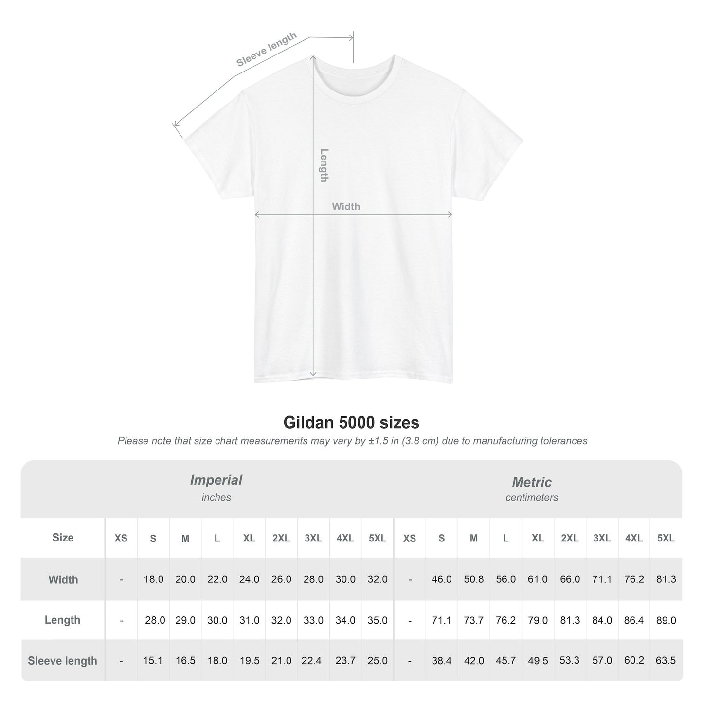 Gildan 5000 unisex T-shirt size chart with garment measurements.