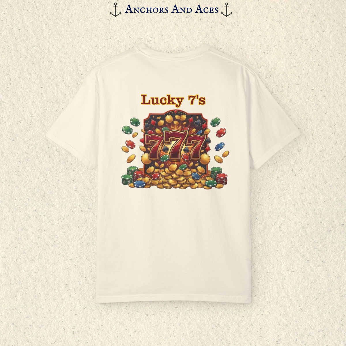 Ivory Lucky 777s T-shirt showing the small red 777 casino emblem printed on the front chest.