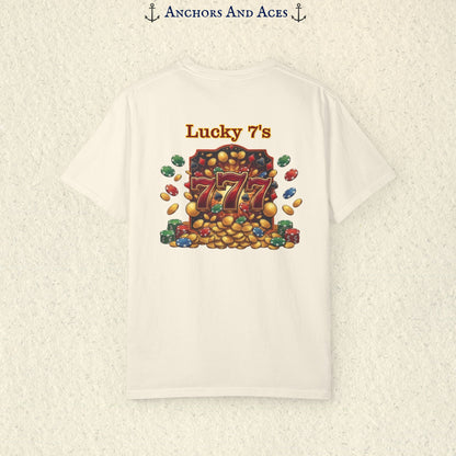 Ivory Lucky 777s T-shirt showing the small red 777 casino emblem printed on the front chest.