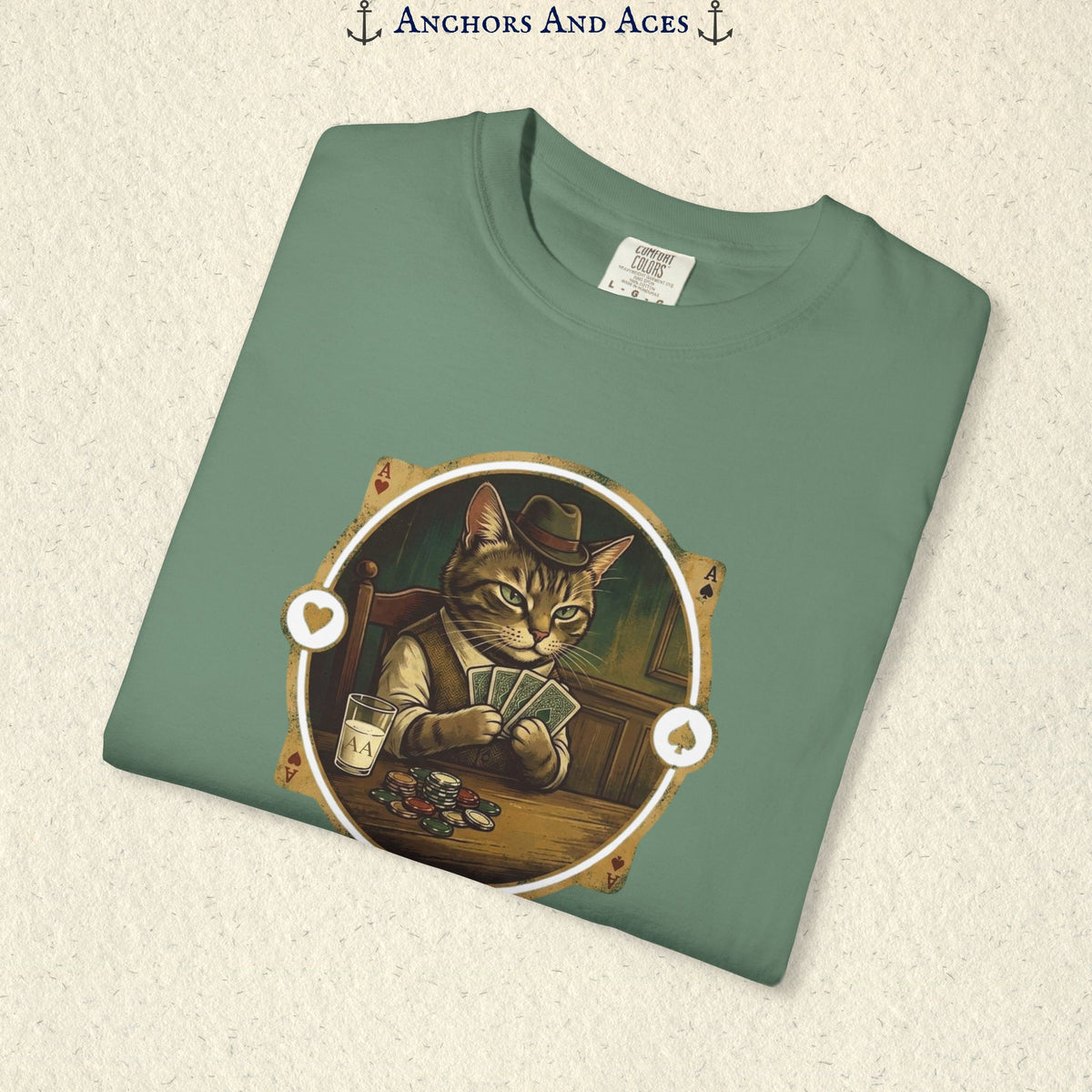 Folded vintage poker cat shirt showing the card-playing cat, poker chips, and retro casino artwork.