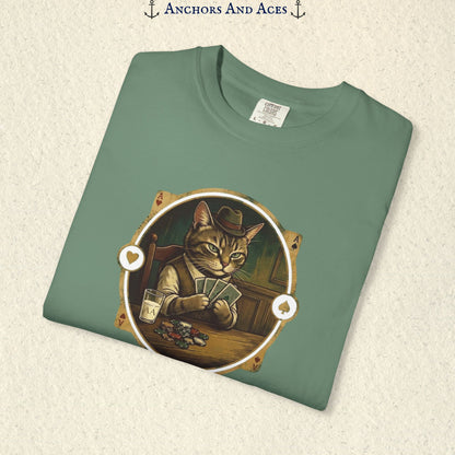Folded vintage poker cat shirt showing the card-playing cat, poker chips, and retro casino artwork.