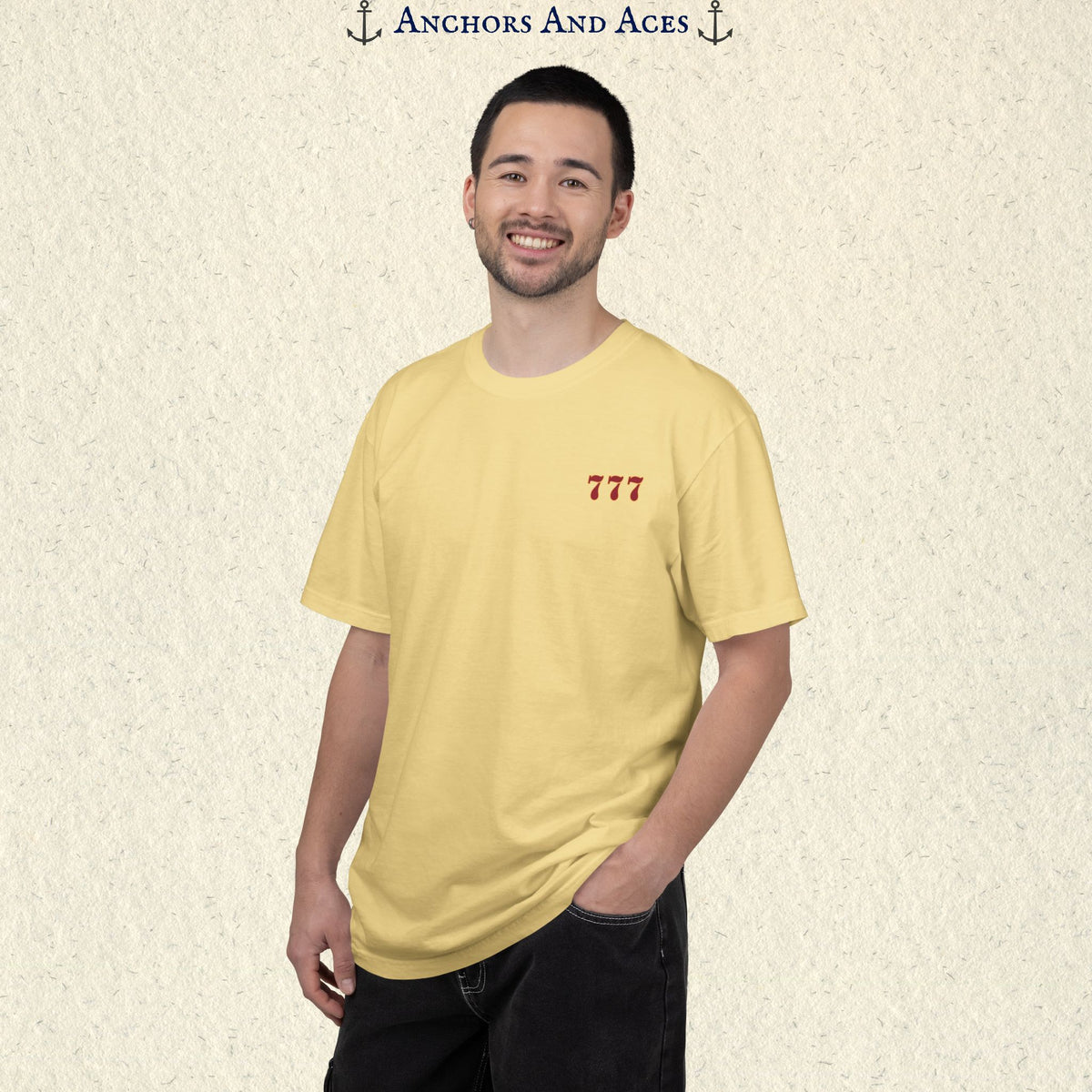 Model wearing a Butter Lucky 777s T-shirt with the small red 777 casino emblem on the front chest.
