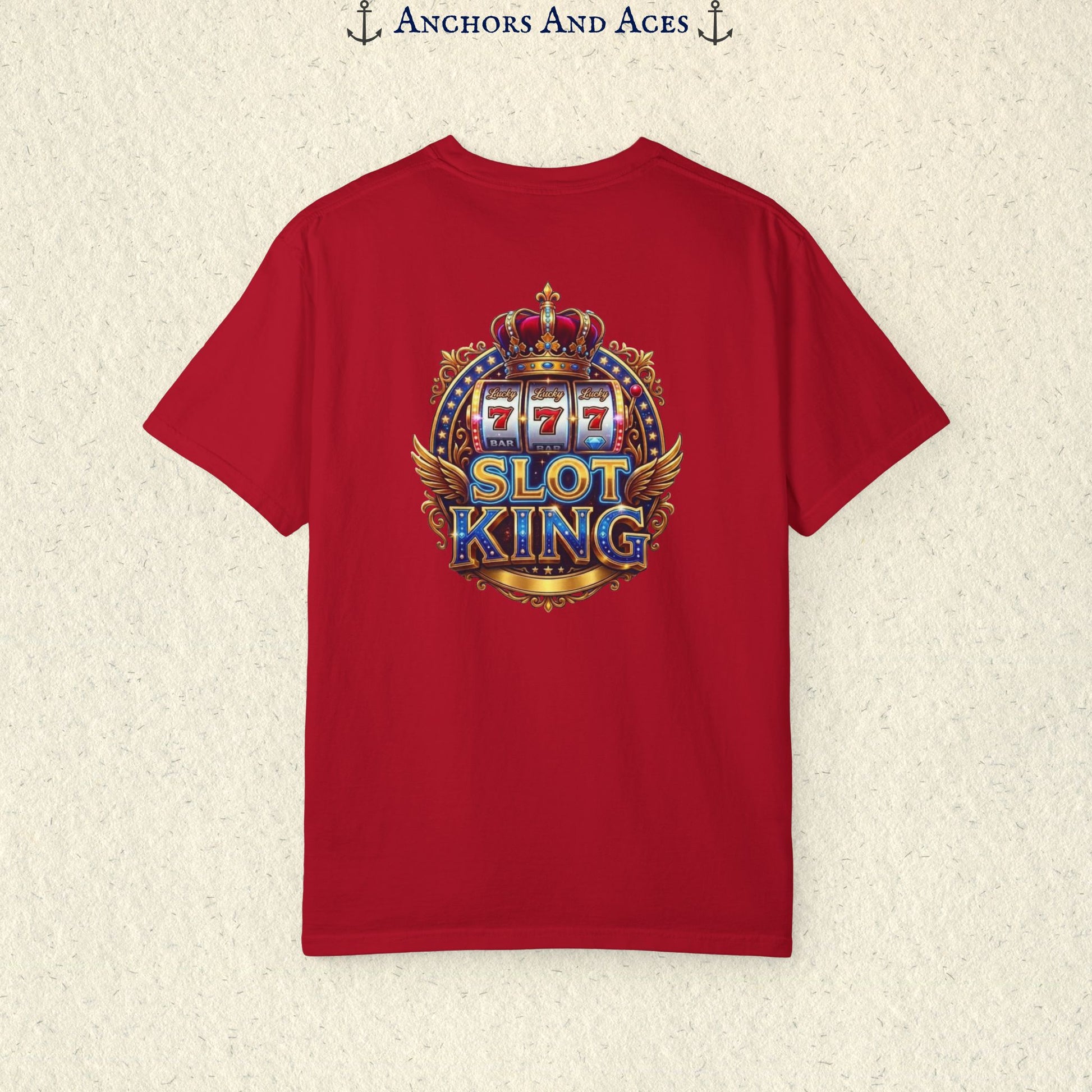 Red Slot King T-shirt with a large crowned 777 slot machine design printed on the back.