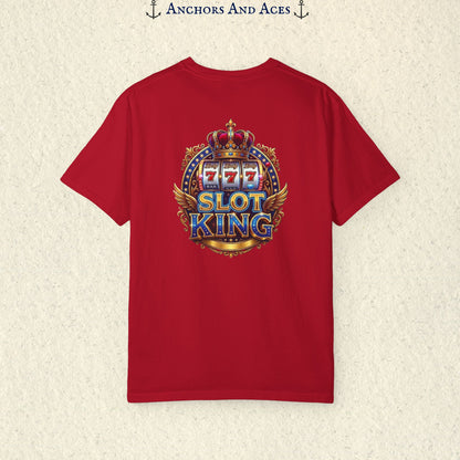 Red Slot King T-shirt with a large crowned 777 slot machine design printed on the back.
