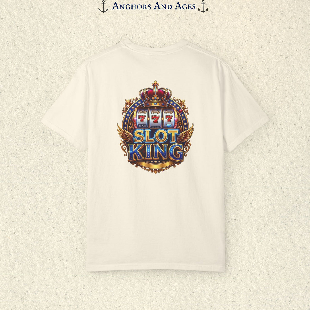 Ivory Slot King T-shirt with a large crowned 777 slot machine design printed on the back.