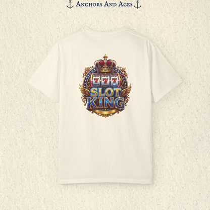 Ivory Slot King T-shirt with a large crowned 777 slot machine design printed on the back.