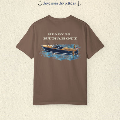 Espresso classic wooden boat T-shirt shown from the back, featuring a vintage runabout on reflective blue water with Ready to Runabout text above the boat.