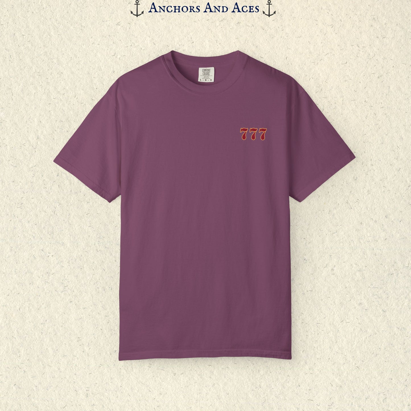 Berry Lucky 777s T-shirt showing the small red 777 casino emblem printed on the front chest.
