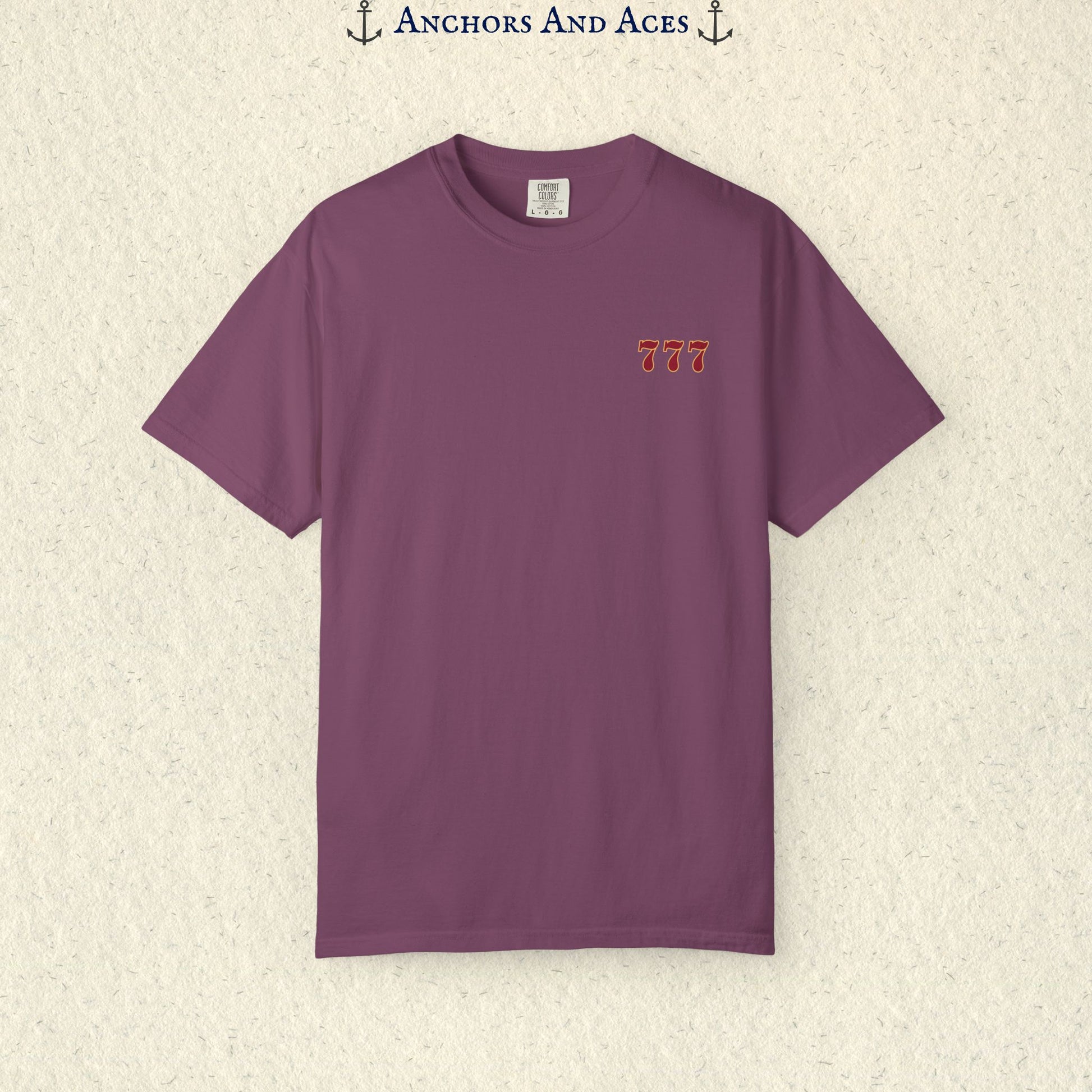 Berry Lucky 777s T-shirt showing the small red 777 casino emblem printed on the front chest.