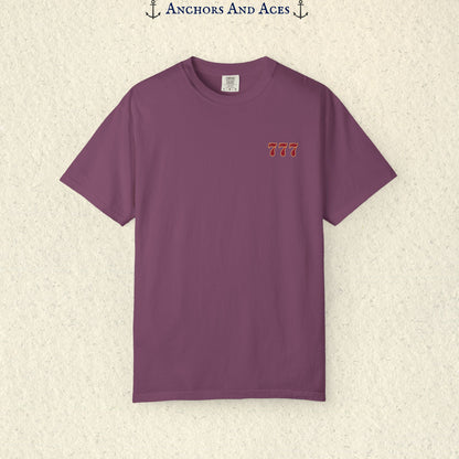 Berry Lucky 777s T-shirt showing the small red 777 casino emblem printed on the front chest.