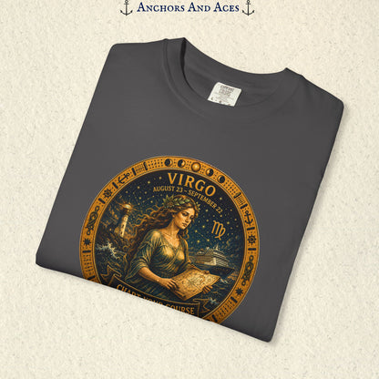 Folded Virgo Zodiac Shirt close-up showing the Virgo maiden celestial medallion front graphic.
