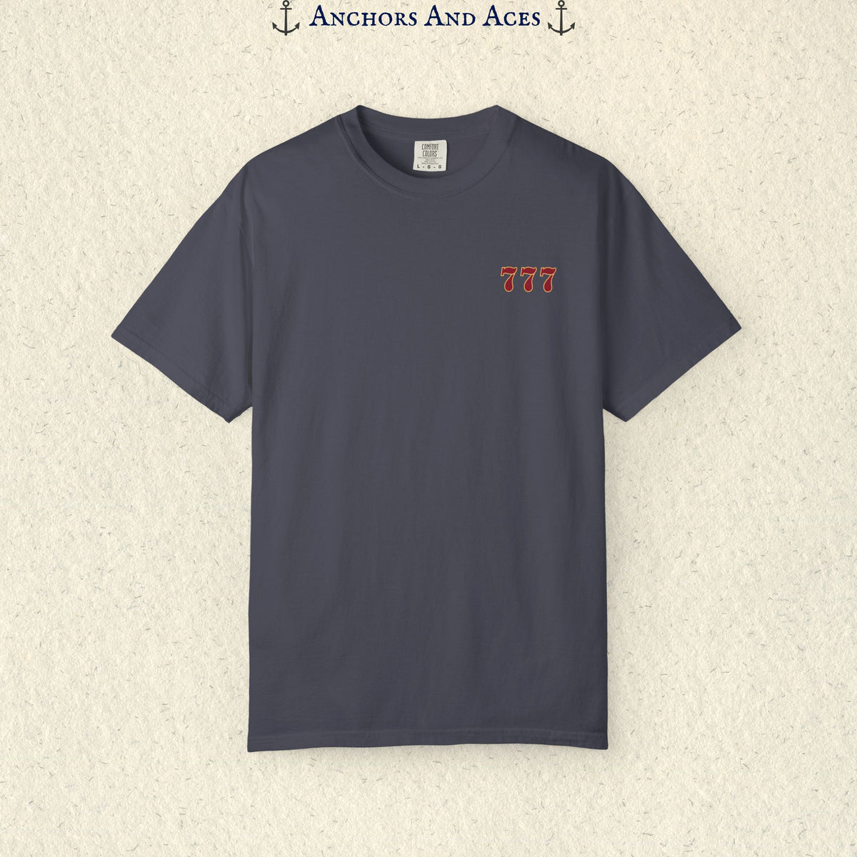 Navy Lucky 777s T-shirt showing the small red 777 casino emblem printed on the front chest.