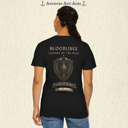 Back view of House of Spades graphic tee featuring the Protectors heraldic crest with spade, shield, sword, and laurel details.