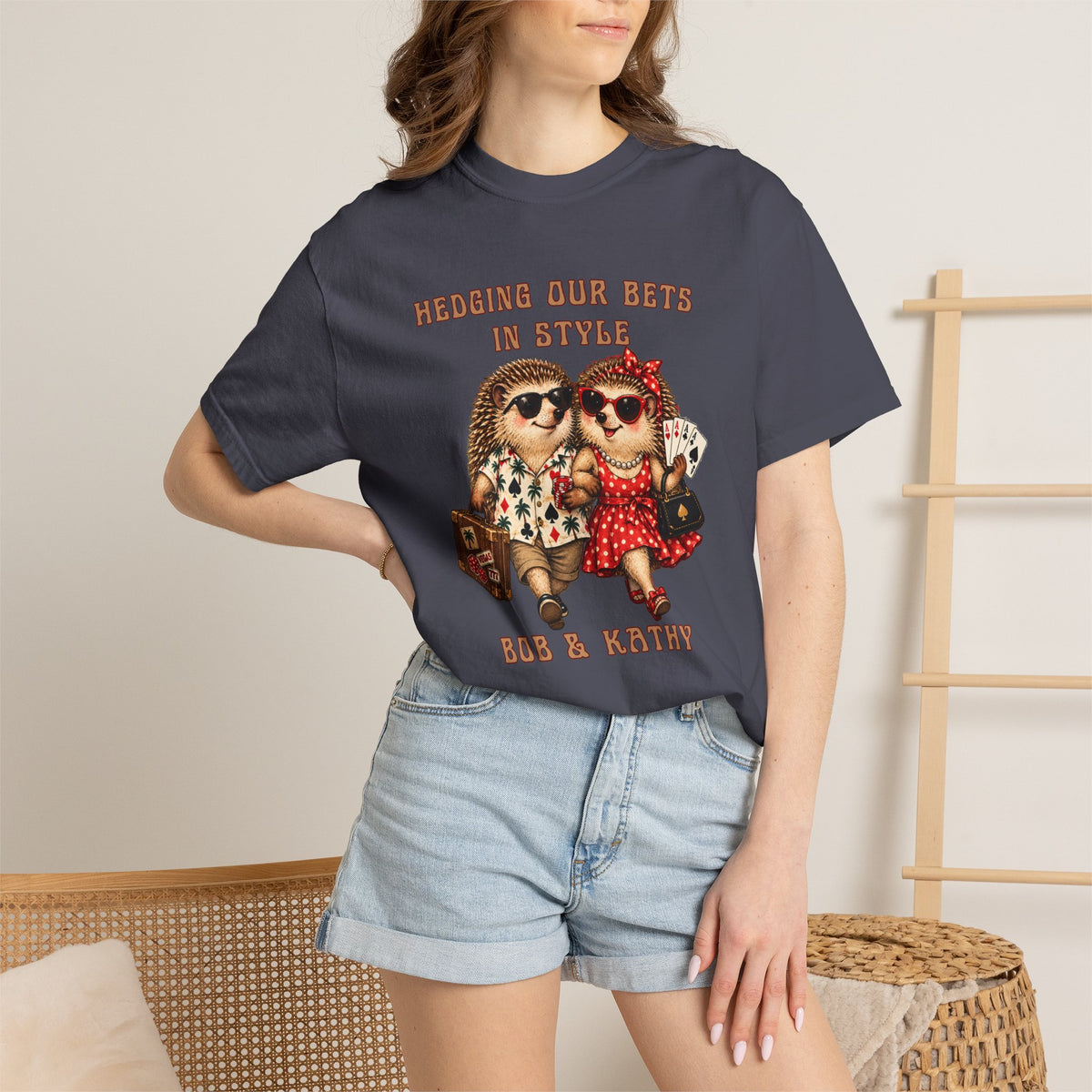 Woman wearing matching casino couples shirt with Hedging Our Bets in Style hedgehog artwork and personalized text.