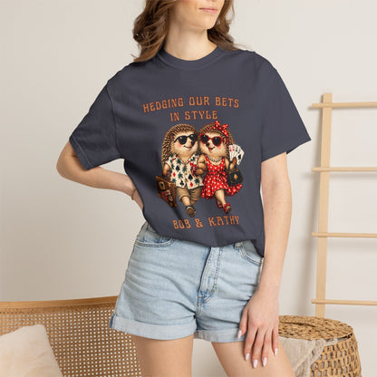 Woman wearing matching casino couples shirt with Hedging Our Bets in Style hedgehog artwork and personalized text.