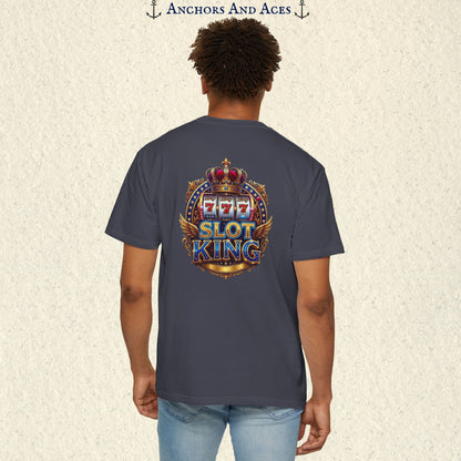 Man wearing a Navy Slot King T-shirt with the crowned 777 slot machine artwork on the back.