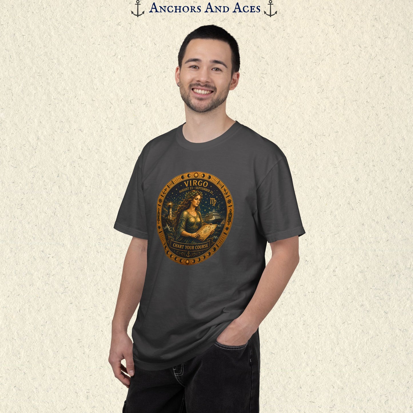 Male model wearing the Virgo Zodiac Shirt with the full-size Virgo maiden celestial medallion graphic on the front.