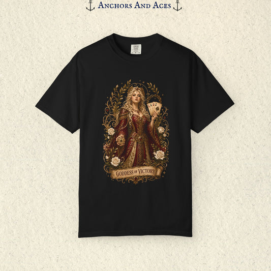 Black Goddess of Victory Art Nouveau graphic tee featuring an illustrated goddess with playing cards, casino chip, cream roses, and ornate gold filigree.