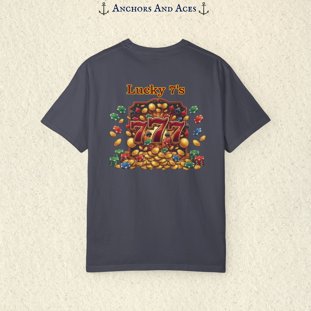 Navy Lucky 777s T-shirt with colorful vintage casino jackpot artwork and Lucky 7s design printed on the back.