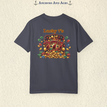 Navy Lucky 777s T-shirt with colorful vintage casino jackpot artwork and Lucky 7s design printed on the back.