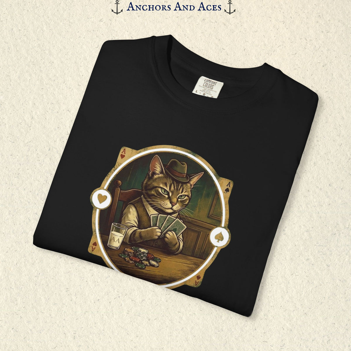 Folded Black vintage poker cat shirt showing the card-playing cat and retro casino artwork.