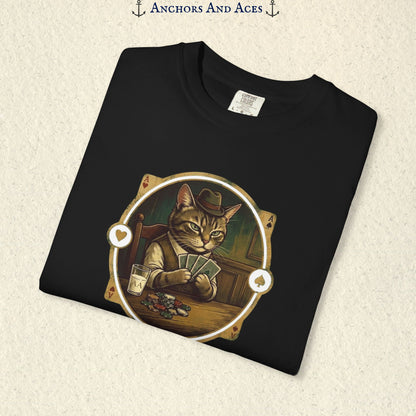 Folded Black vintage poker cat shirt showing the card-playing cat and retro casino artwork.