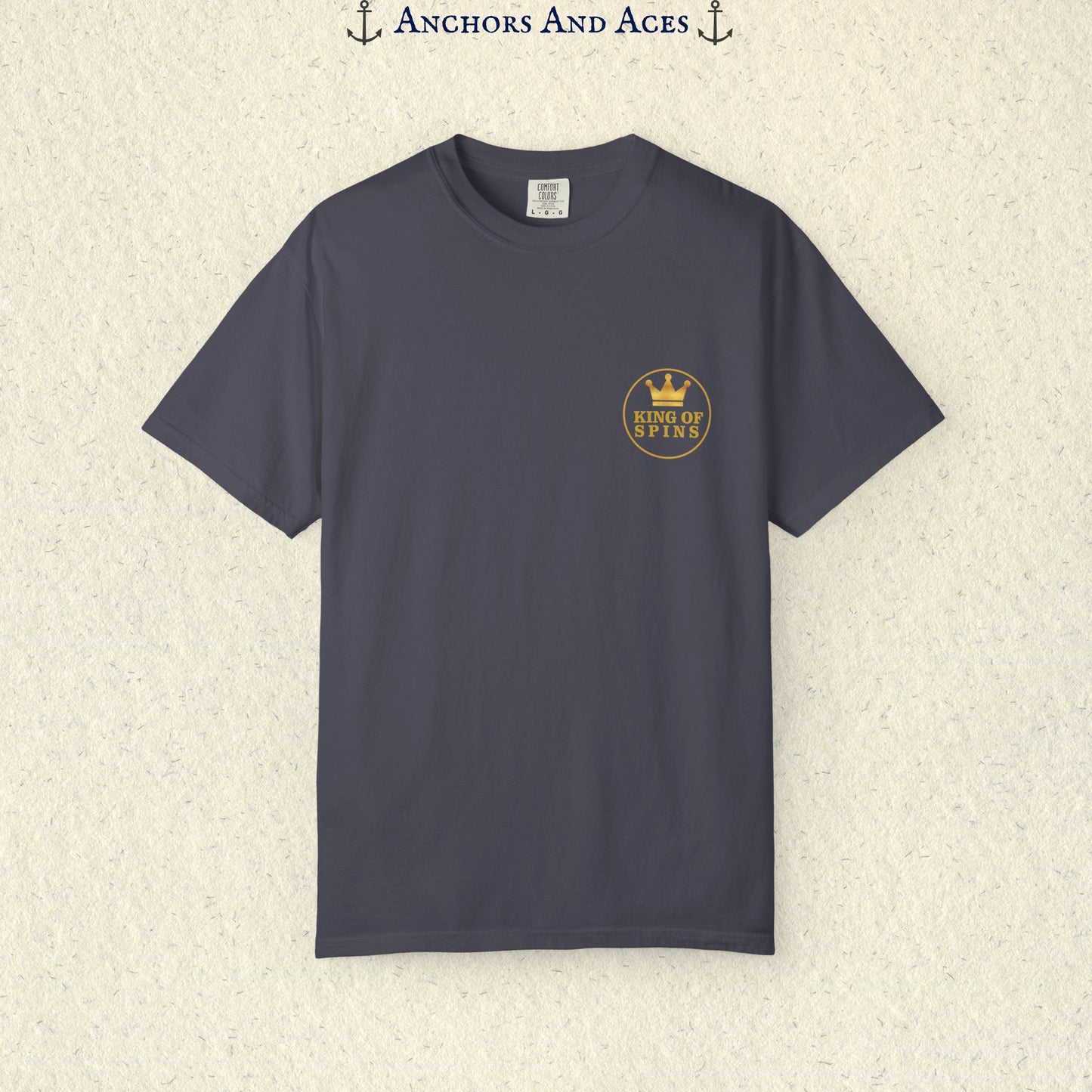Navy Slot King T-shirt with a small gold King of Spins emblem on the front chest.