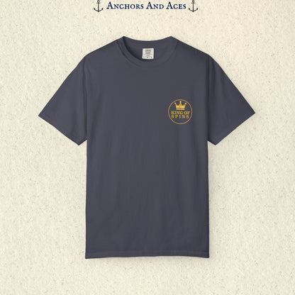 Navy Slot King T-shirt with a small gold King of Spins emblem on the front chest.