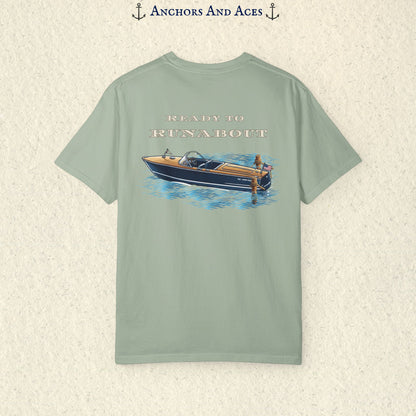 Bay classic wooden boat T-shirt shown from the back, featuring a vintage runabout on reflective blue water with Ready to Runabout text above the boat.