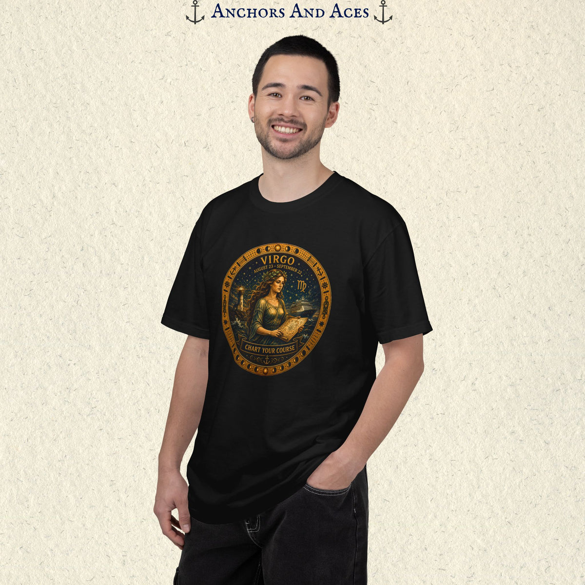 Male model wearing the Virgo Zodiac Shirt with the full-size Virgo maiden celestial medallion graphic on the front.
