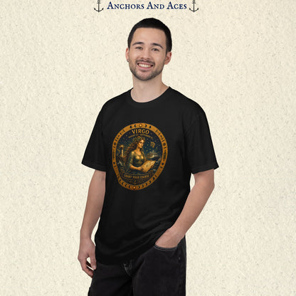 Male model wearing the Virgo Zodiac Shirt with the full-size Virgo maiden celestial medallion graphic on the front.