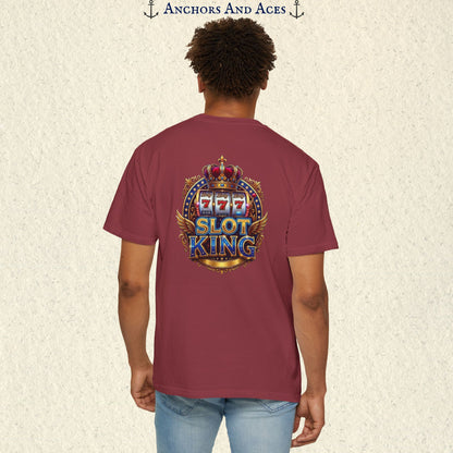 Man wearing a Chili Slot King T-shirt with the crowned 777 slot machine artwork on the back.