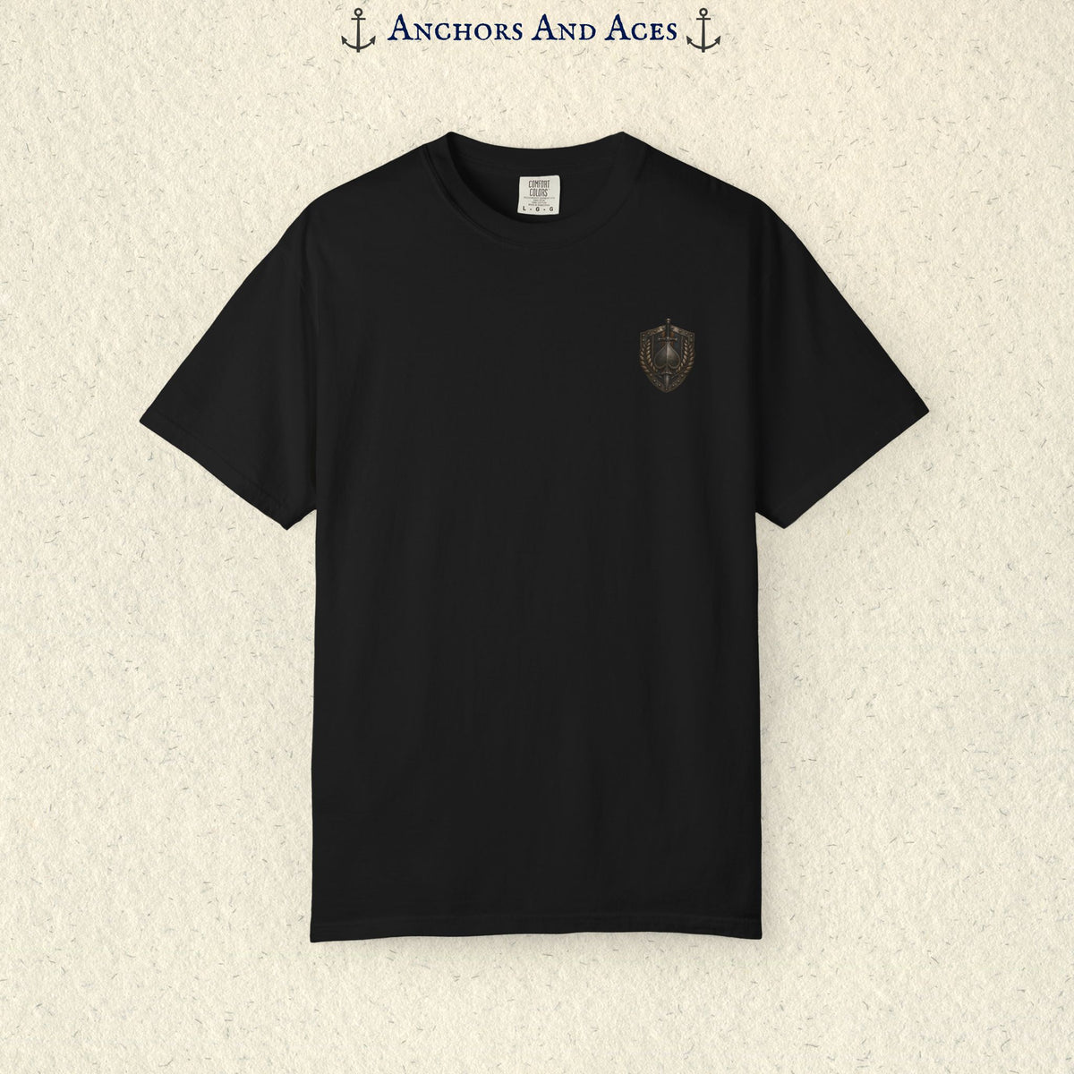 Front view of House of Spades playing card shirt showing the small coordinating House crest on the chest.