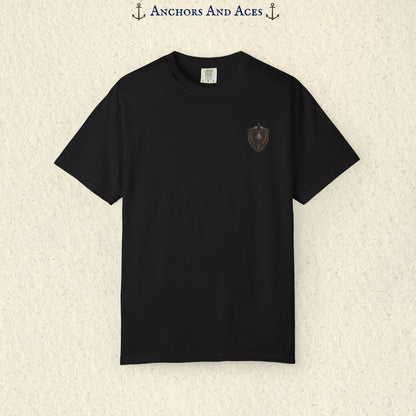 Front view of House of Spades playing card shirt showing the small coordinating House crest on the chest.