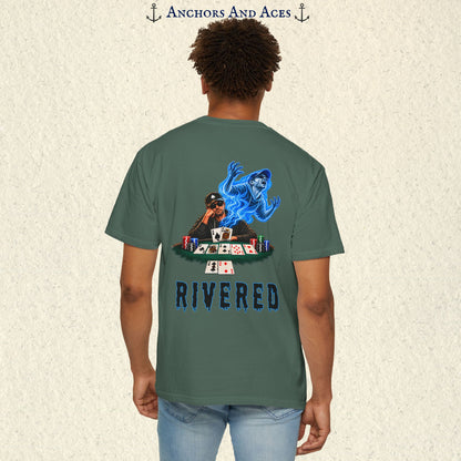 Model wearing RIVERED Texas Hold'em poker graphic tee back view featuring a player at a poker table with playing cards, poker chips, and an electric blue soul rising from his body after a bad beat on the river.  Comfort Colors 1717