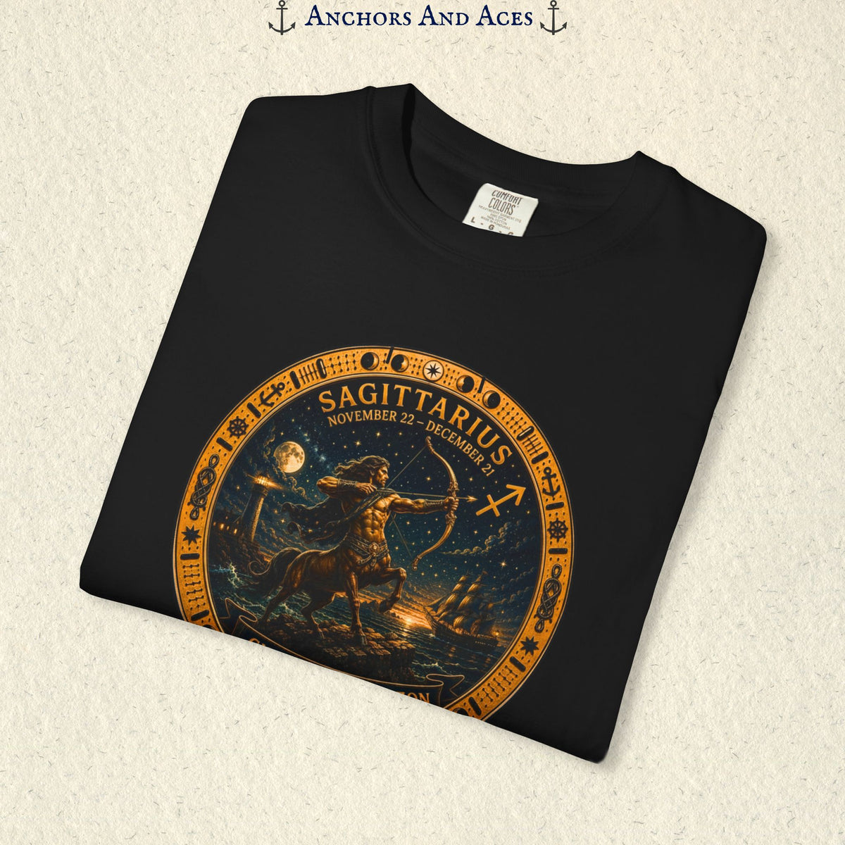 Folded Sagittarius Zodiac Shirt close-up featuring the full-size celestial medallion and detailed centaur archer artwork.