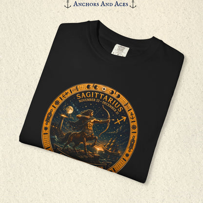 Folded Sagittarius Zodiac Shirt close-up featuring the full-size celestial medallion and detailed centaur archer artwork.
