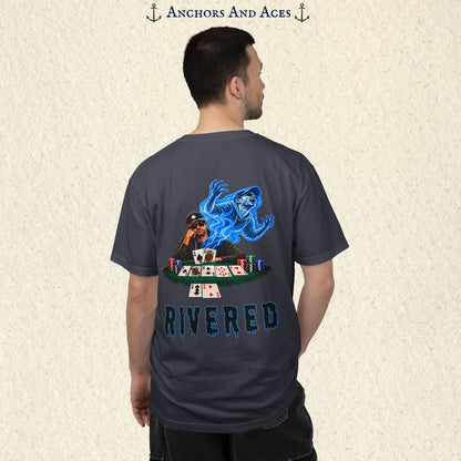 Model wearing RIVERED Texas Hold'em poker graphic tee back view featuring a player at a poker table with playing cards, poker chips, and an electric blue soul rising from his body after a bad beat on the river.  Comfort Colors 1717