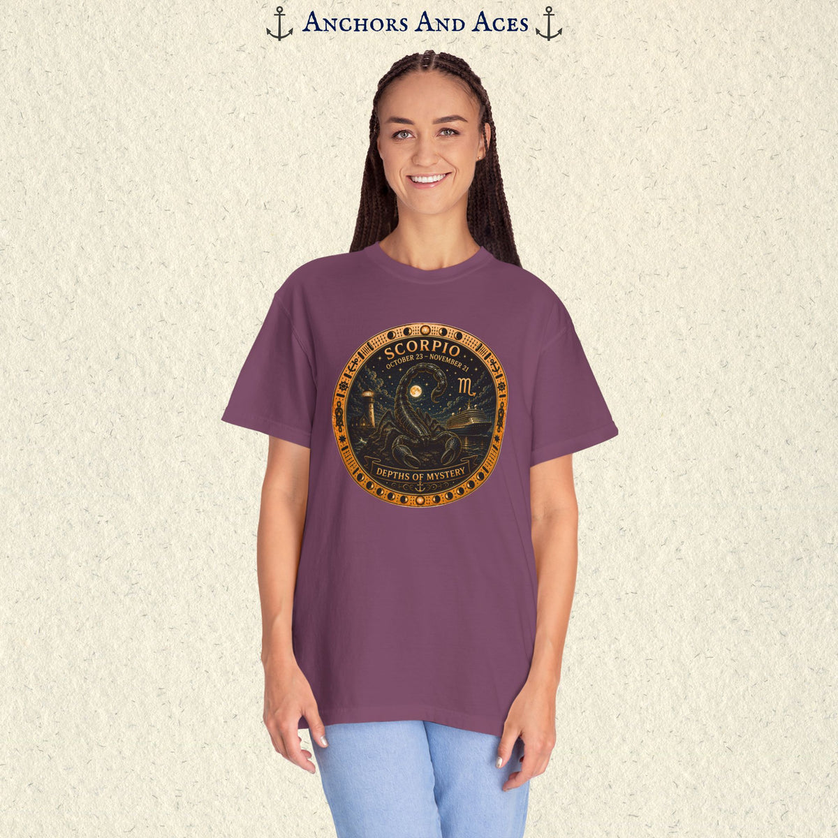 Female model wearing Scorpio zodiac shirt with scorpion celestial medallion front graphic