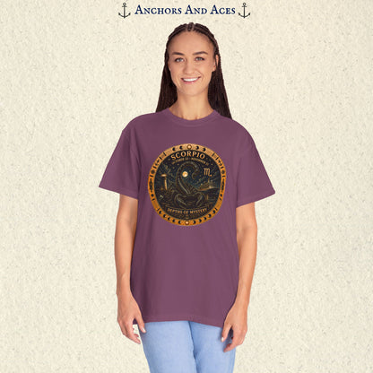 Female model wearing Scorpio zodiac shirt with scorpion celestial medallion front graphic