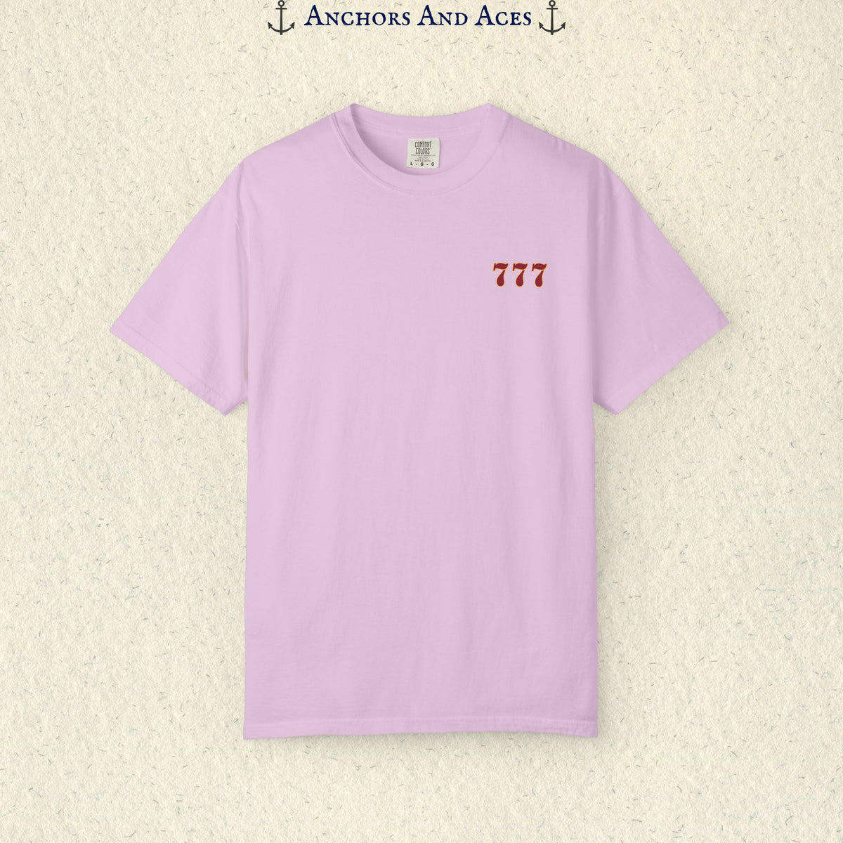 Orchid Lucky 777s T-shirt showing the small red 777 casino emblem printed on the front chest.