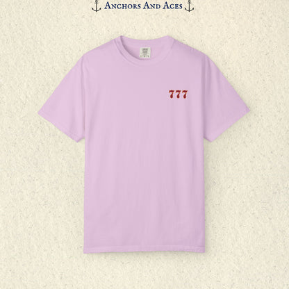 Orchid Lucky 777s T-shirt showing the small red 777 casino emblem printed on the front chest.
