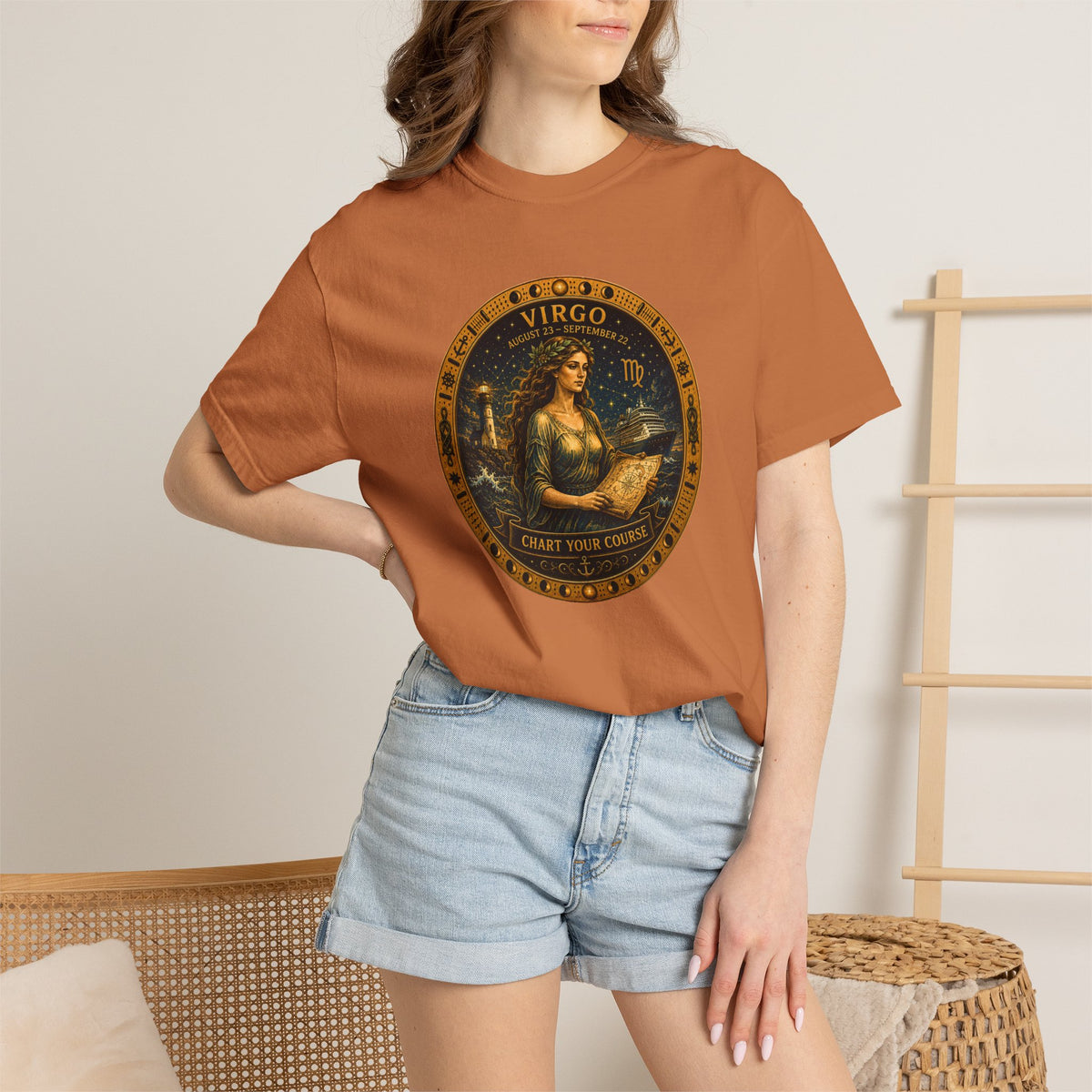 Female model wearing the Virgo Zodiac Shirt with the full-size Virgo maiden celestial medallion graphic on the front.