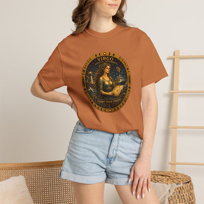 Female model wearing the Virgo Zodiac Shirt with the full-size Virgo maiden celestial medallion graphic on the front.