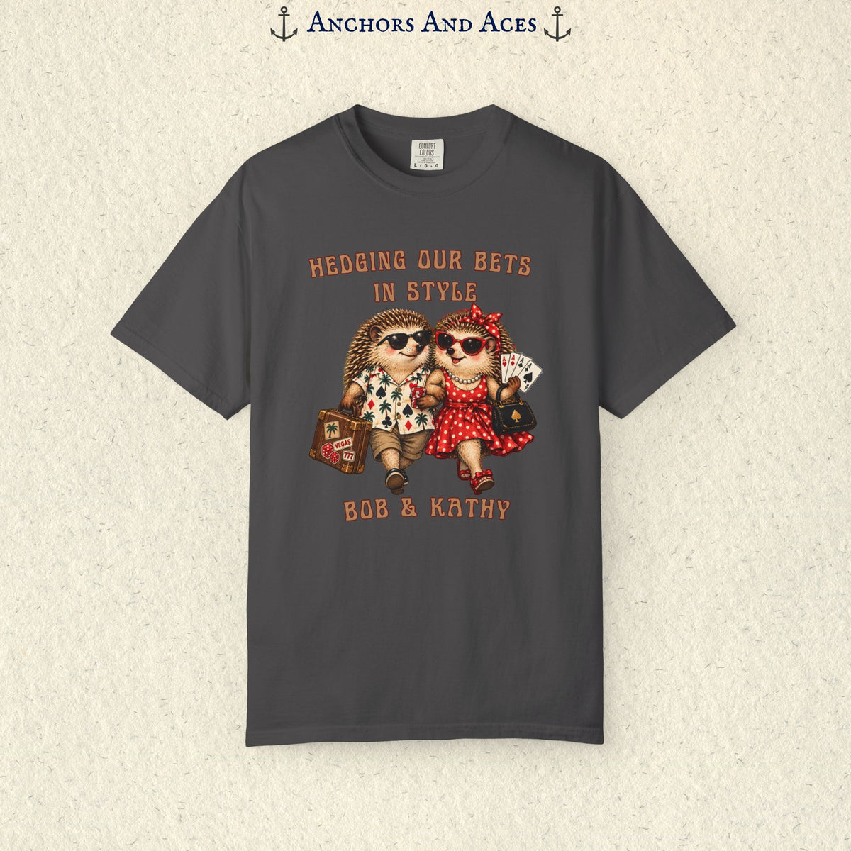 Custom casino couples graphic tee featuring vintage-inspired hedgehogs dressed for a gambling getaway with personalized text.