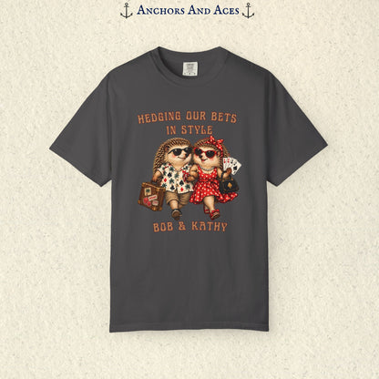Custom casino couples graphic tee featuring vintage-inspired hedgehogs dressed for a gambling getaway with personalized text.