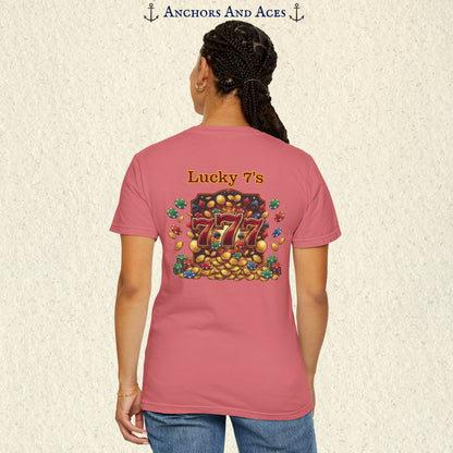 Model wearing a Watermelon Lucky 777s T-shirt with colorful vintage casino jackpot artwork and Lucky 7s design on the back.