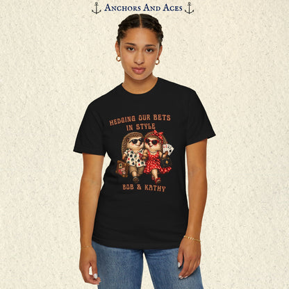 Woman wearing personalized hedgehog gambling shirt with casino couple artwork and custom wording beneath the design.