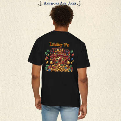 Model wearing a Black Lucky 777s T-shirt with colorful vintage casino jackpot artwork and Lucky 7s design on the back.