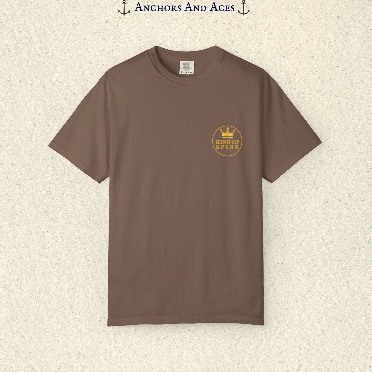 Espresso Slot King T-shirt with a small gold King of Spins emblem on the front chest.